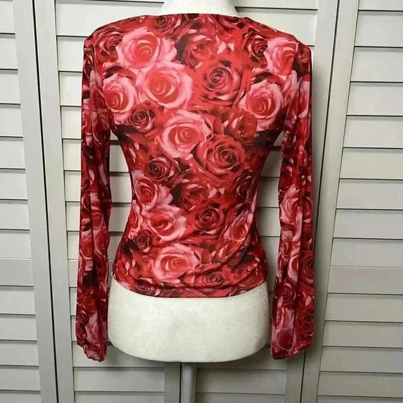 Almost Famous Floral Deep V-Neck Mesh Stretch Long Sleeve Top Size M Red & Pink - Picture 9 of 12